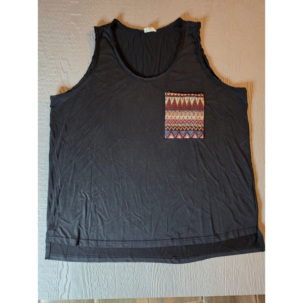 POL Womens Black Sleeveless Tank Top Woven Tapestry Pocket HFT109 PLUS XL